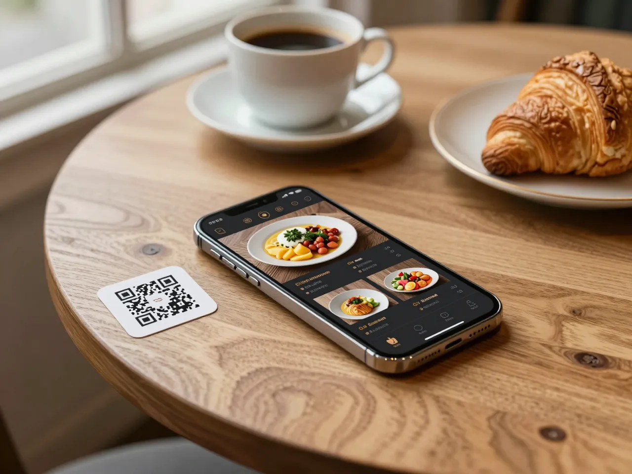 Restaurant table with QR code and digital menu on smartphone